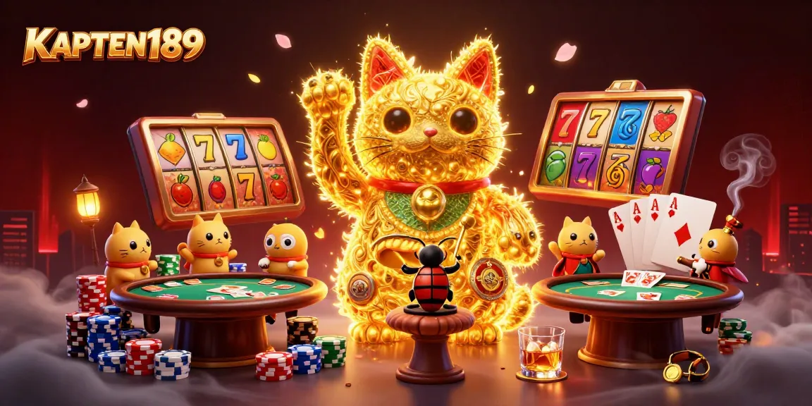 KAPTEN189 menampilkan ilustrasi kasino yang kaya dengan simbol keberuntungan dan suasana ceria dalam permainan slot.