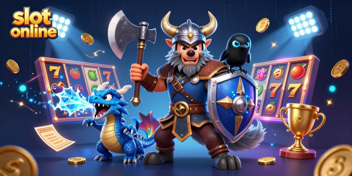 Mainkan slot online dengan karakter Viking, naga, dan gagak dalam ilustrasi kasino yang menarik.