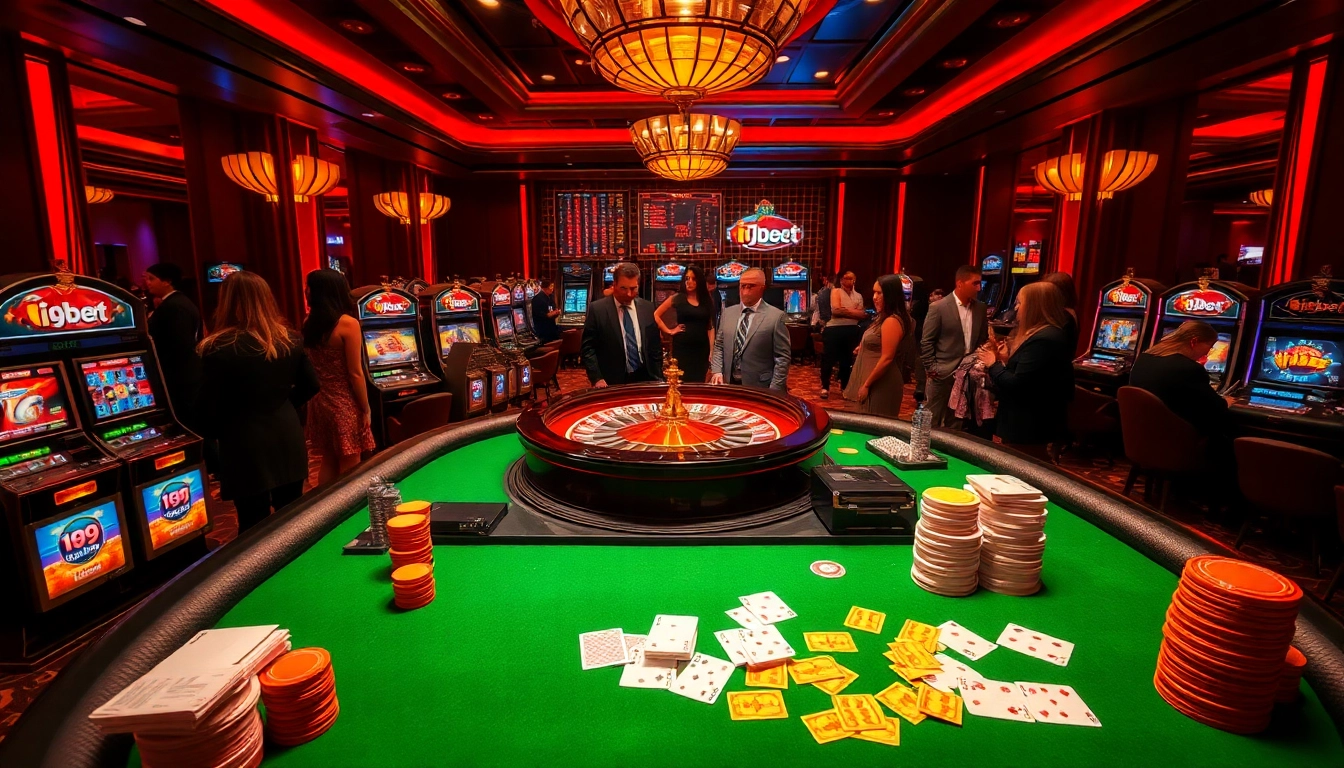Exciting casino gaming scene featuring i9bet's vibrant branding at roulette and slot machines.