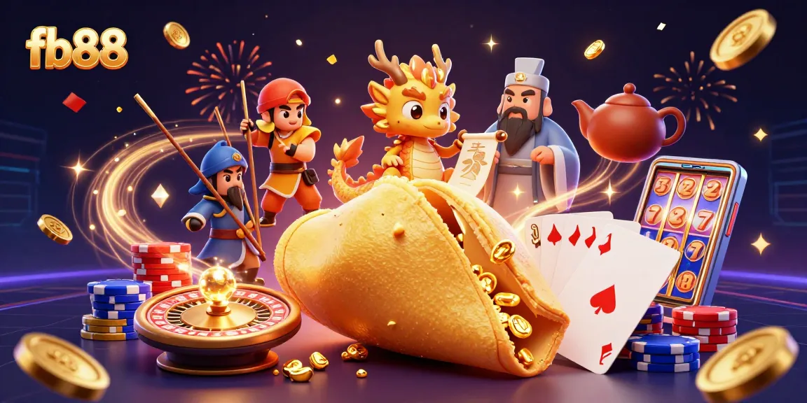 Engage with fb88 in a dynamic casino scene featuring golden coins, a dragon, and vibrant gaming elements.