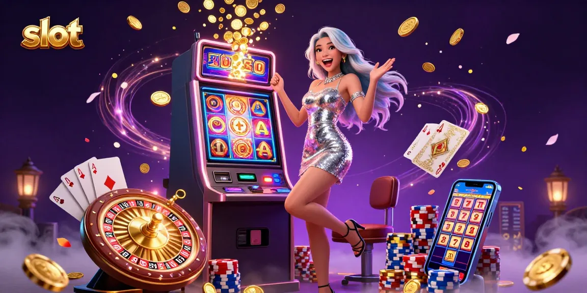 Experience thrilling slot action with a glamorous woman celebrating her jackpot victory, surrounded by casino elements.