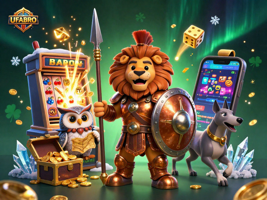 Experience thrilling action with UFABRO’s dynamic scene featuring a Spartan lion, owl strategist, and slot jackpot.