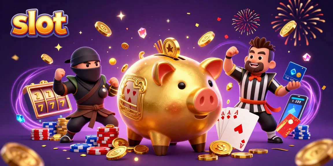 Spin the slot reels with a golden piggy bank sumo wrestler and win coins in this thrilling casino scene.