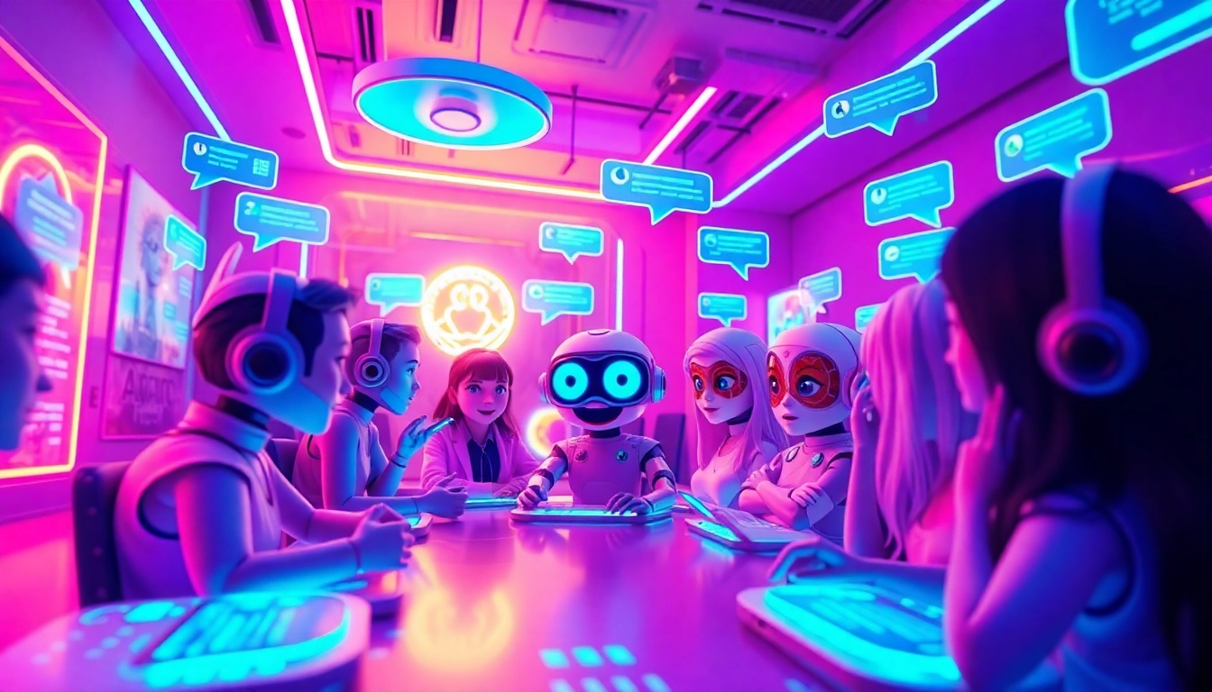 Spicychat AI characters interacting in a colorful, futuristic chatroom environment, showcasing engaging dialogues.