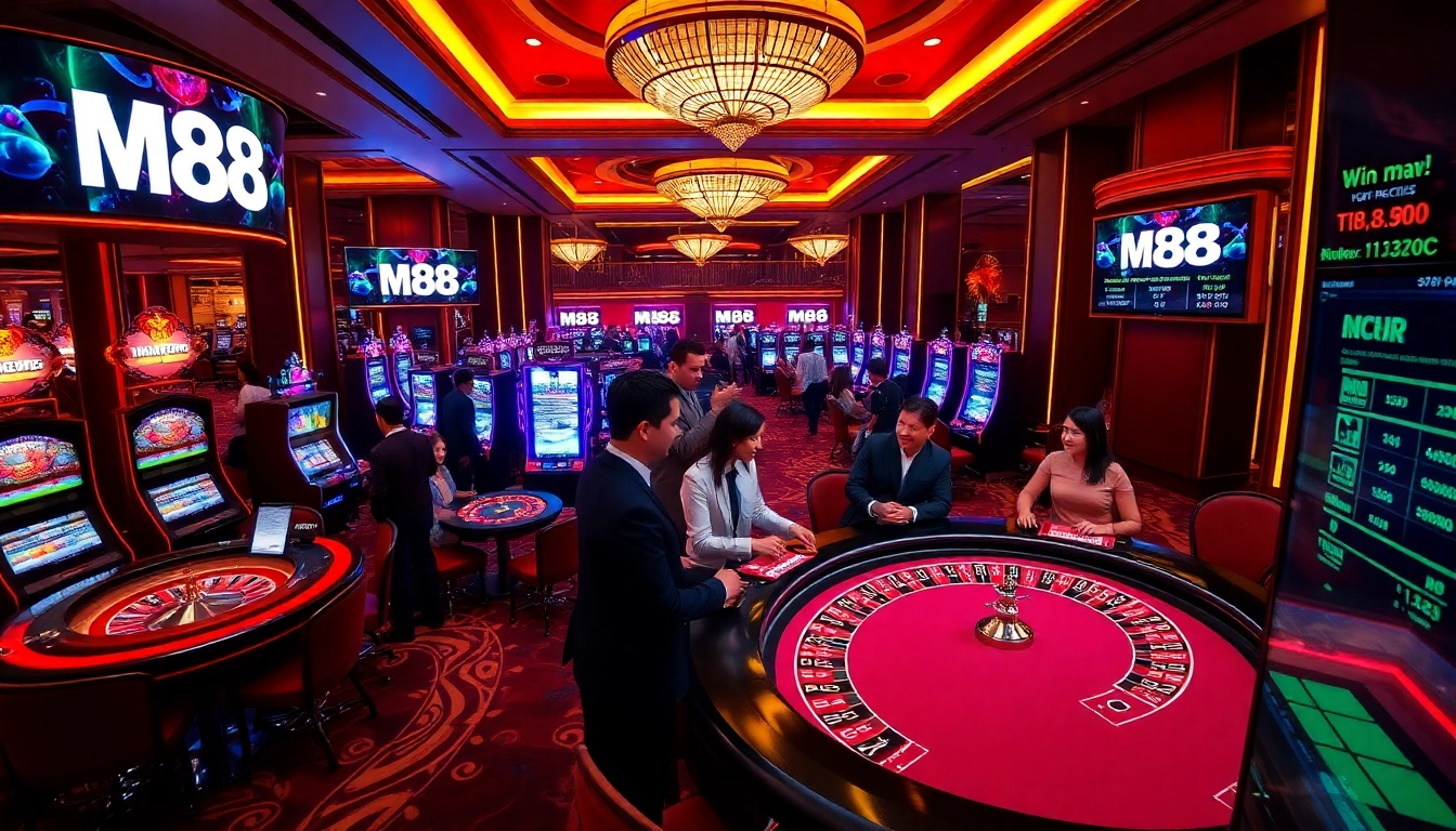 Players experiencing the excitement of M88 gaming in a vibrant casino setting.