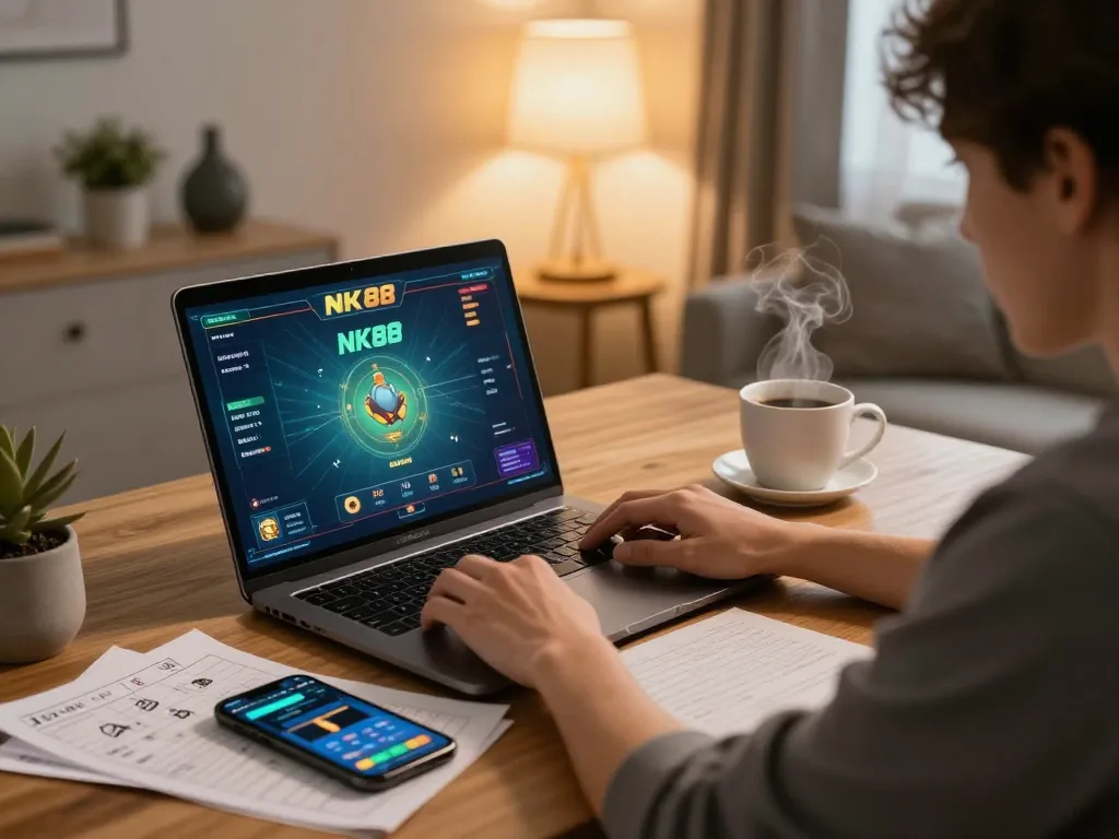 Engaging in the NK88 game online while managing betting strategies in a cozy home setting.