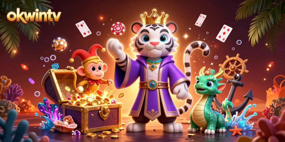 Experience thrilling gameplay with Okwintv, featuring dynamic casino gaming elements like poker chips and treasure.