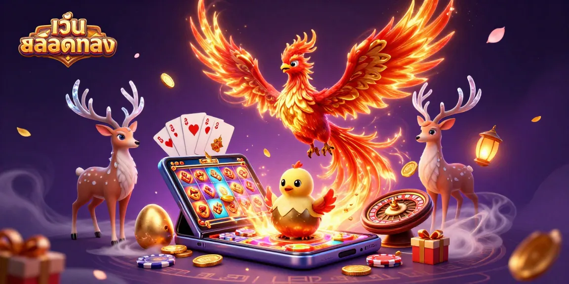 Engaging action in เว็บสล็อตตรง as phoenixes soar over a lively casino scene with vibrant slot games.