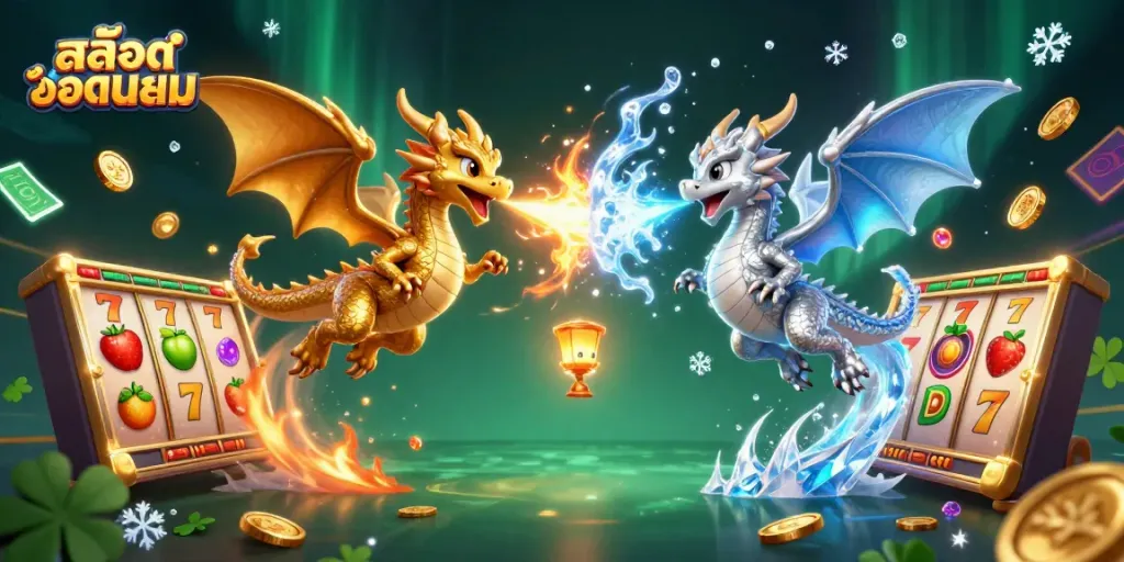 Engage with สล็อตยอดนิยม through dynamic slot gaming visuals featuring mythical dragons and jackpot elements.