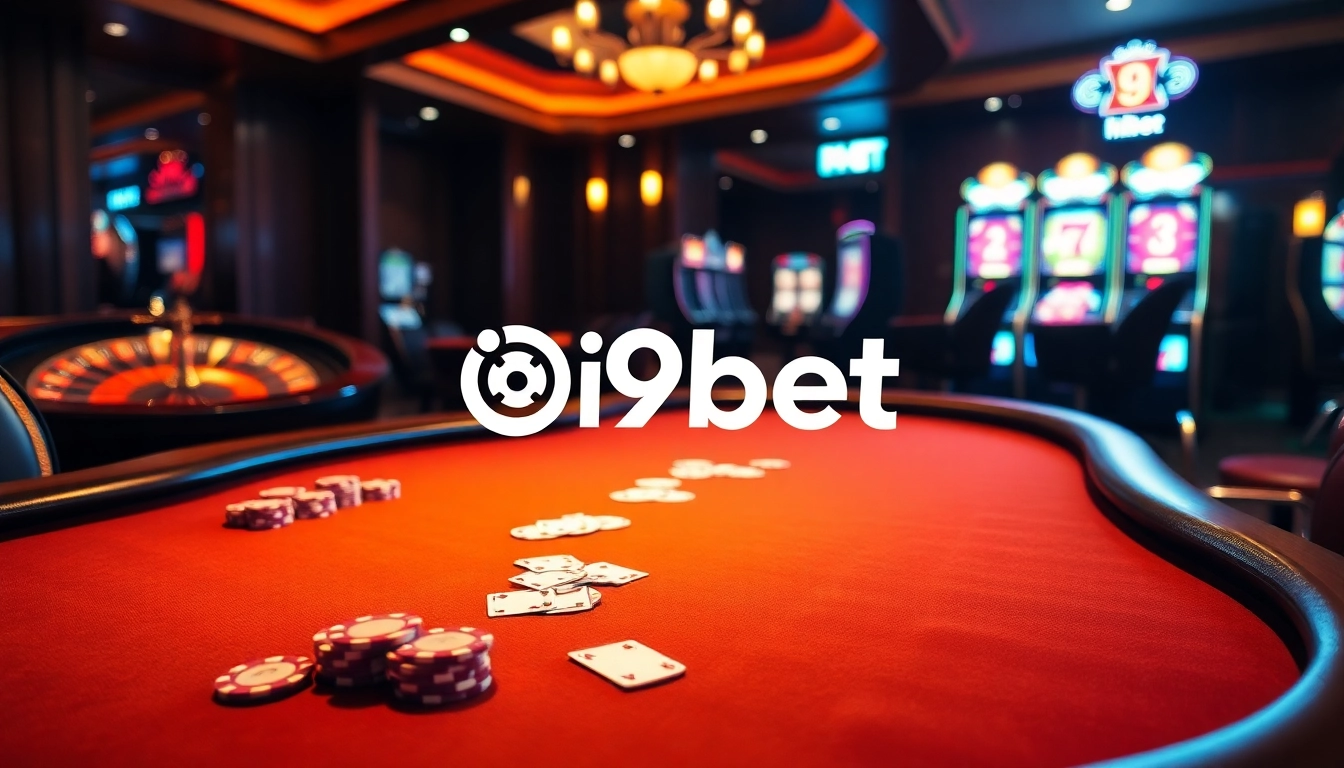 Experience the thrill of betting at i9bet's glamorous poker table surrounded by colorful casino elements.