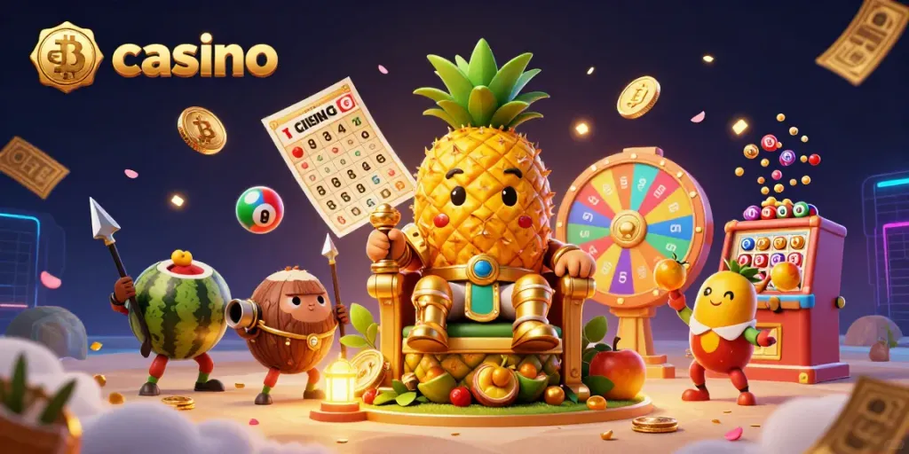 Engaging scene showcasing the eth casino with a golden pineapple king, BTC and ETH coins, and vibrant gaming elements.