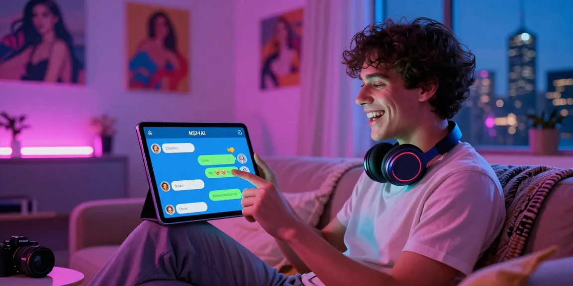Engaging user interacting with NSFW AI chat on a tablet in a vibrant neon-lit setting, showcasing dynamic characters.