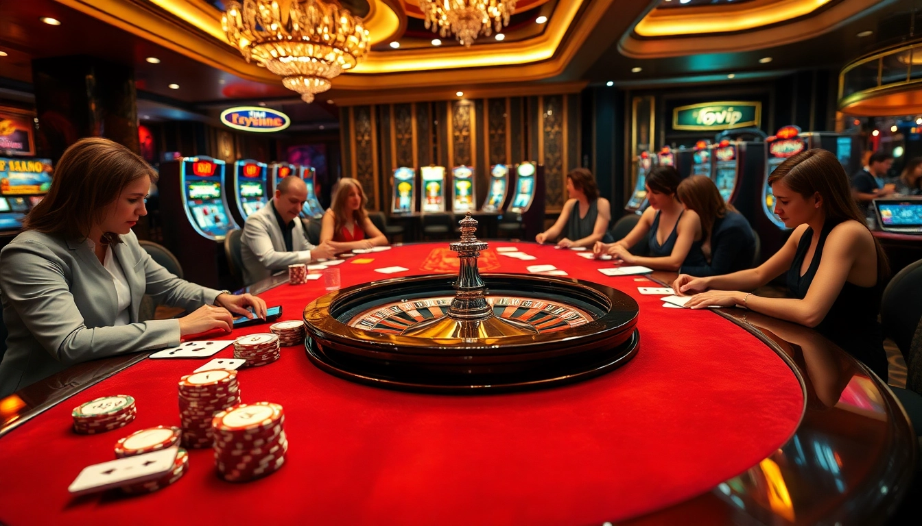 TOPVIP casino scene with engaging players at gaming tables, showcasing luxury and excitement.