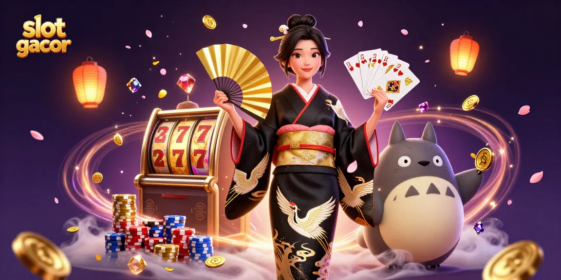 Spin slot gacor reels alongside a stunning Asian woman and wise tanuki in a vibrant casino-themed scene.