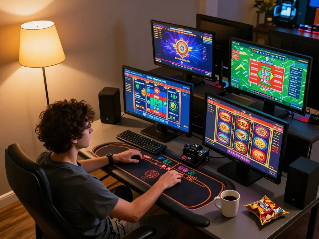 Engaging online gaming action at 88aa trang chủ, featuring colorful casino displays and a comfortable home setup.