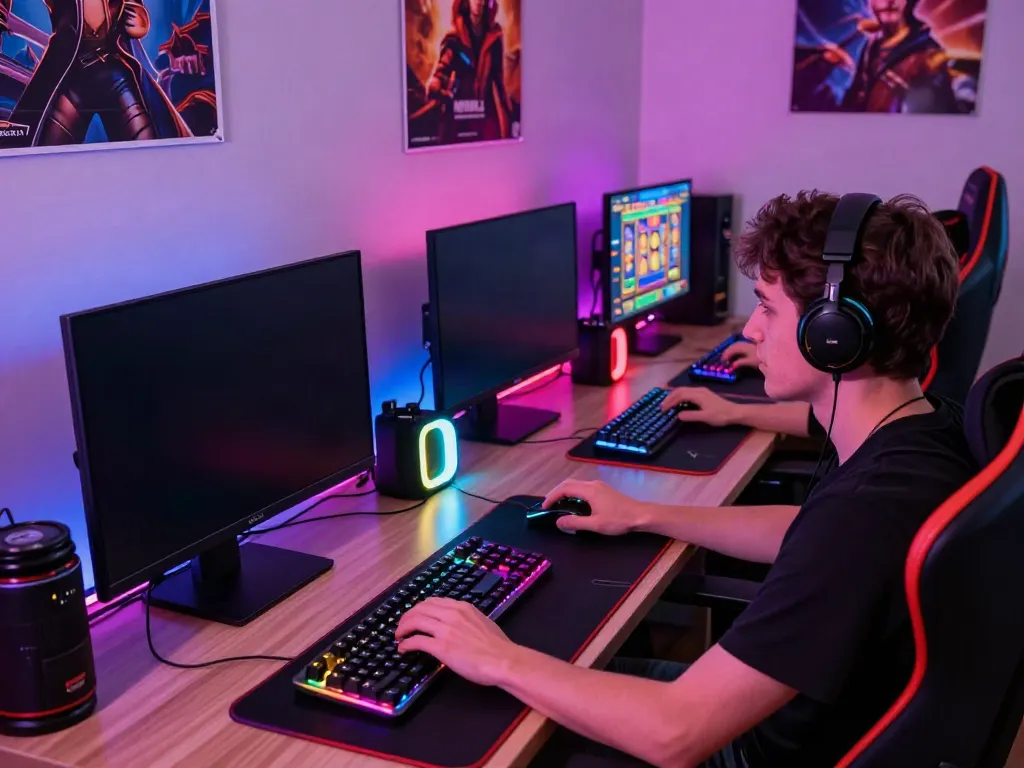 Person engaged in online gaming with akunjp featuring vibrant setup and gaming peripherals.