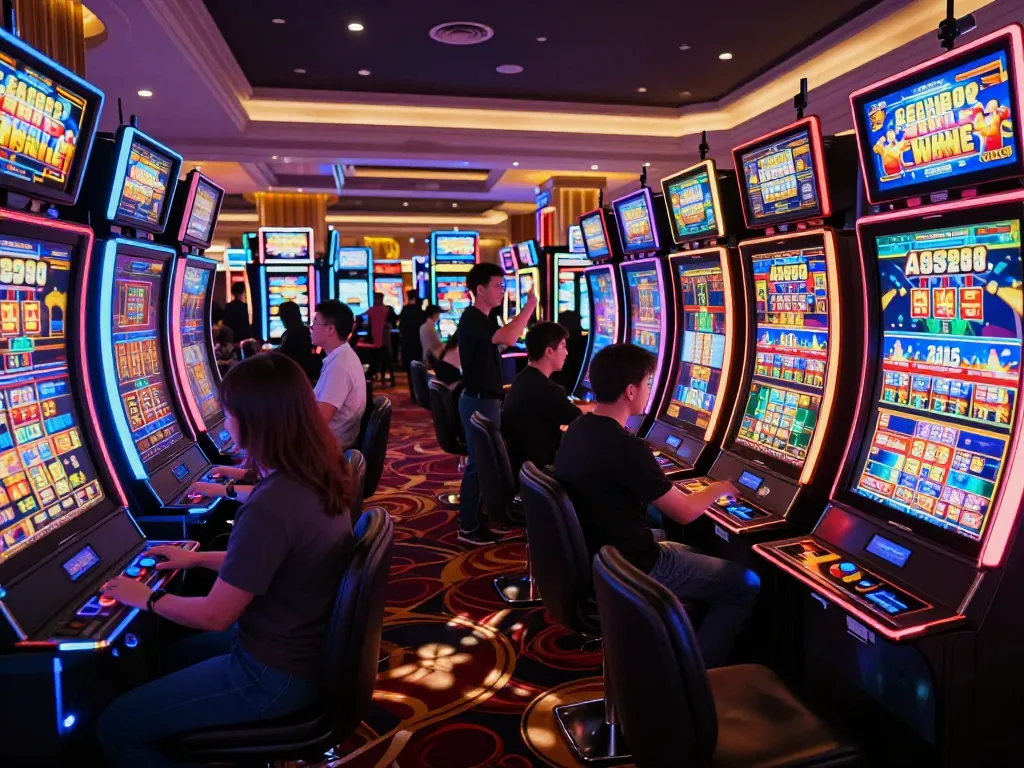 Play exciting slot online games in a colorful casino atmosphere filled with engaging machines