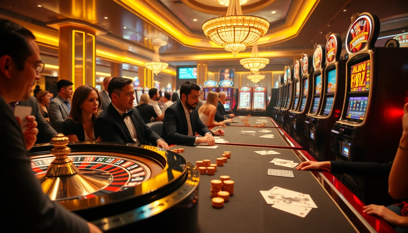 Porn game players engaging at a luxurious casino with roulette, poker, and slot machines.