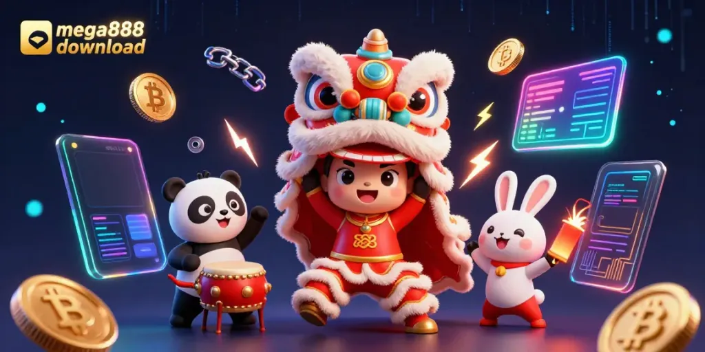 Experience the mega888 download excitement with a lion dance, panda, and crypto-themed casino elements!