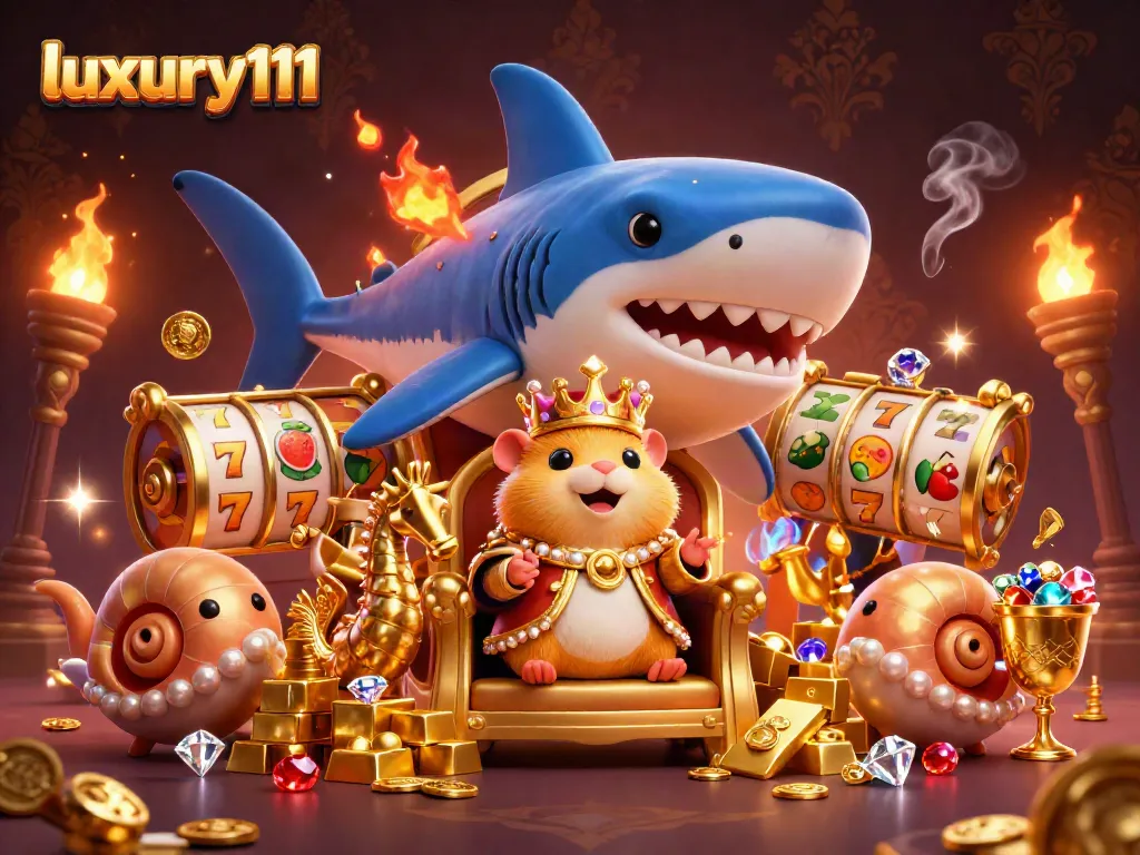 Experience luxury111 with a bustling casino scene showcasing slot reels, gold coins, and a grand hamster king.