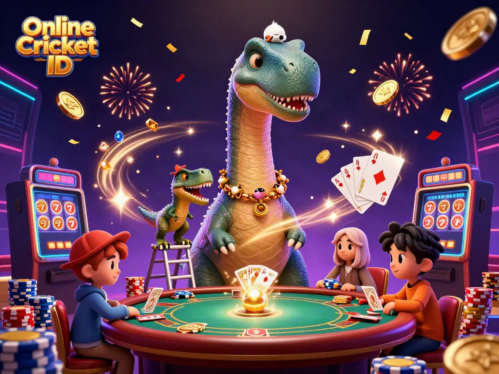 Experience thrilling Online Cricket ID excitement with a vibrant casino scene showcasing a playful brontosaurus and raptor dealing cards.