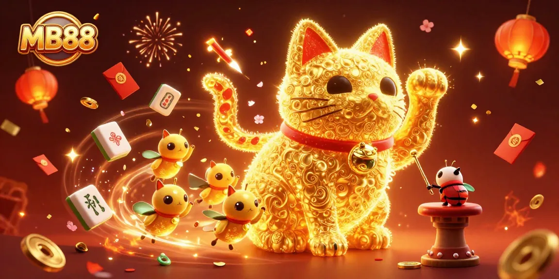 Chơi game MB88 thú vị với hình ảnh chú mèo may mắn và các biểu tượng casino.