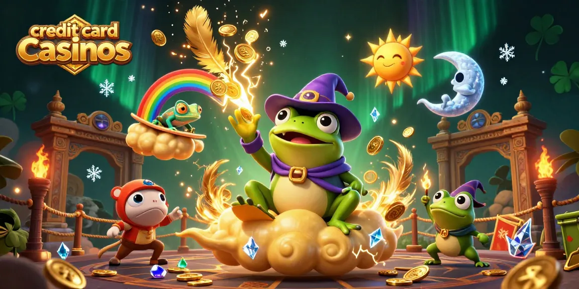 Exciting scene of credit card casinos where a wizard frog conjures golden coins amidst dynamic casino elements.