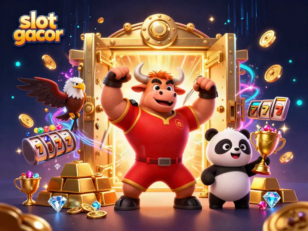 Permainan slot gacor sambil merayakan kemenangan dengan karakter aksesoris ceria dan harta berkilau.