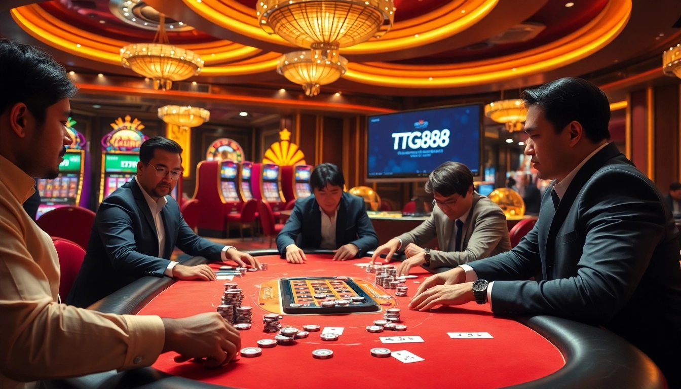Participate in thrilling poker action at a TG88 casino featuring luxurious decor and vibrant ambiance.