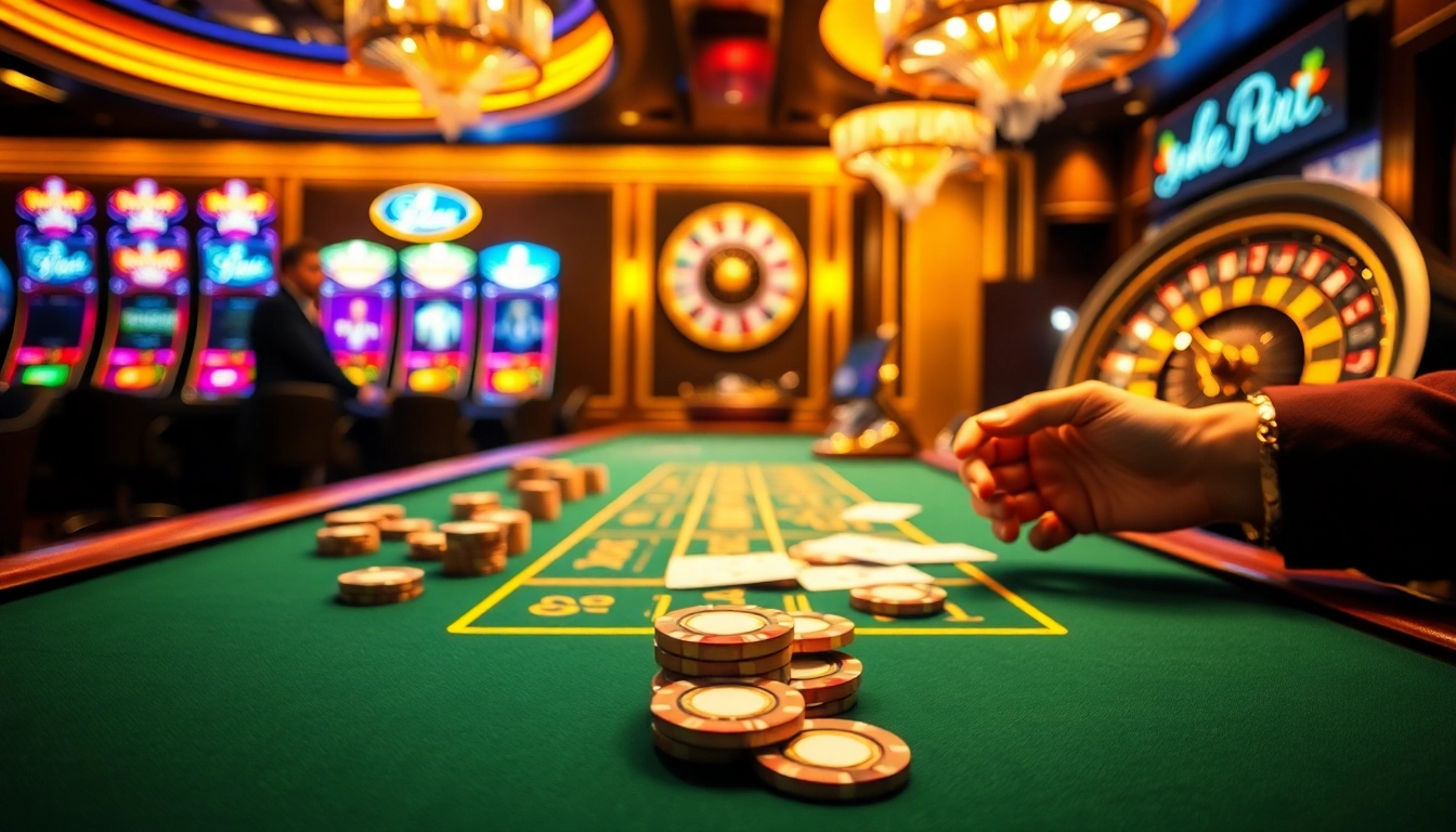 A thrilling KP88 casino experience with lively gameplay, poker chips, and a roulette wheel in an inviting atmosphere.