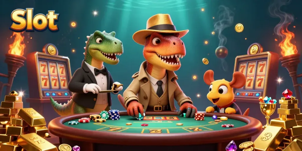 Menggoda Slot dengan karakter kartun dino di meja blackjack, lingkaran emas, dan permata bersinar