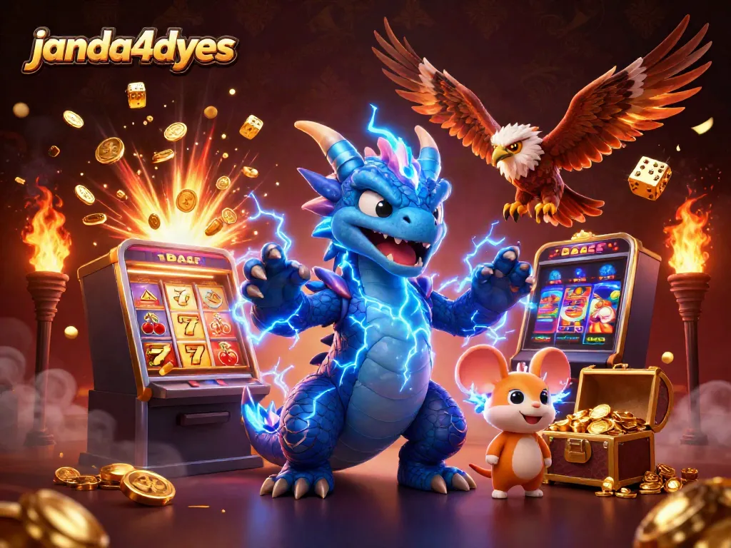 Permainan menegangkan di janda4dyes dengan slot machine dan karakter kartun yang berapi-api.