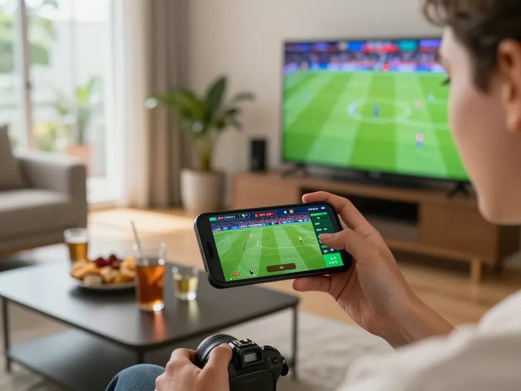 Excited sports bettor using smartphone for NET88 live betting during a soccer match at home.