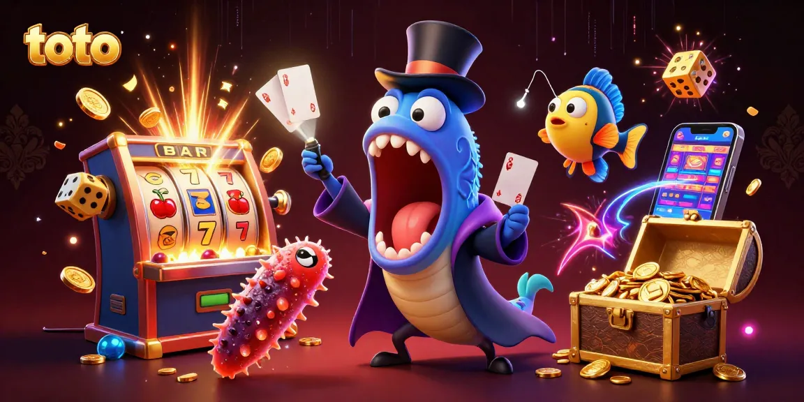 Toto card tricks with interactive slot machine elements in a dynamic casino scene.