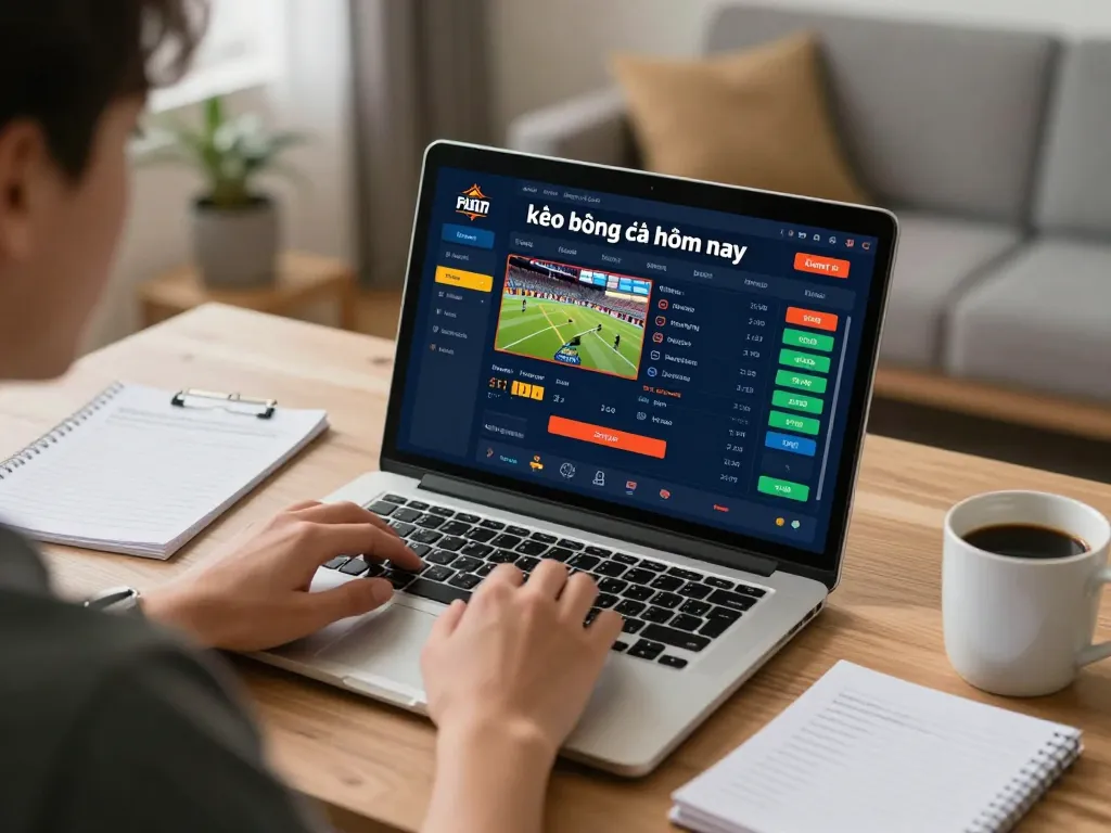 Engaging in kèo bóng đá hôm nay with live betting interface on laptop in a cozy home setting.