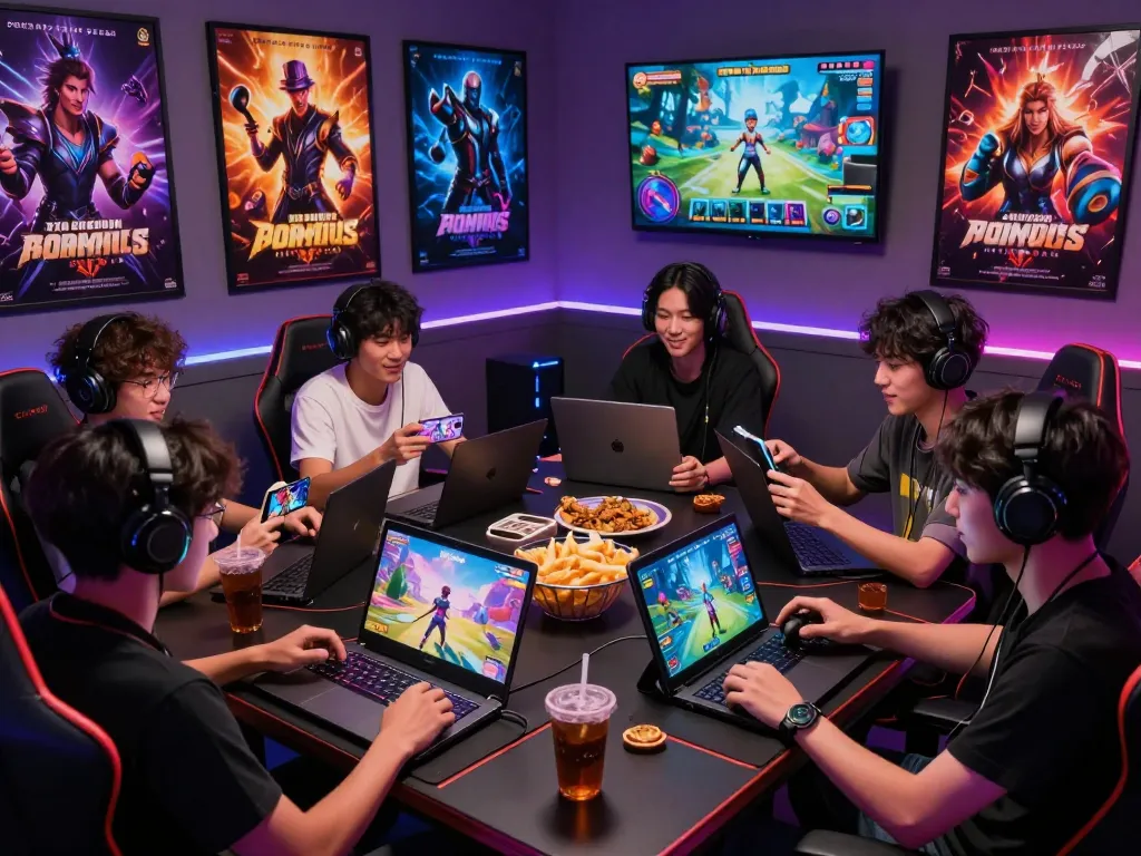 Group of gamers enjoying porngames on various devices in a lively setting.
