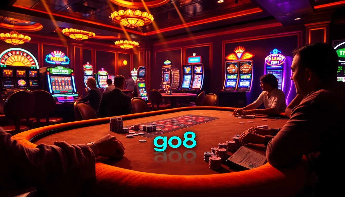 Players engage in high-stakes poker with vibrant casino visuals including go8 elements for excitement.