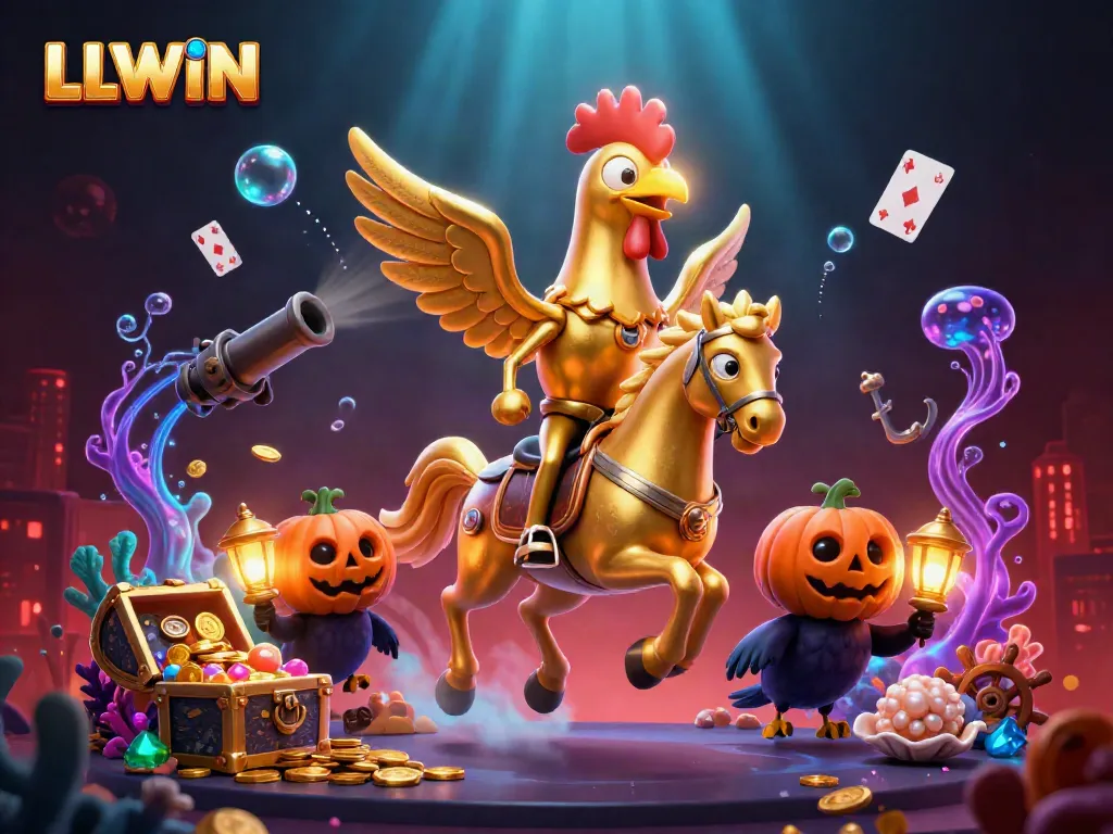 LLWIN slots jackpot scene featuring a golden rooster and crow companions in a vibrant casino environment