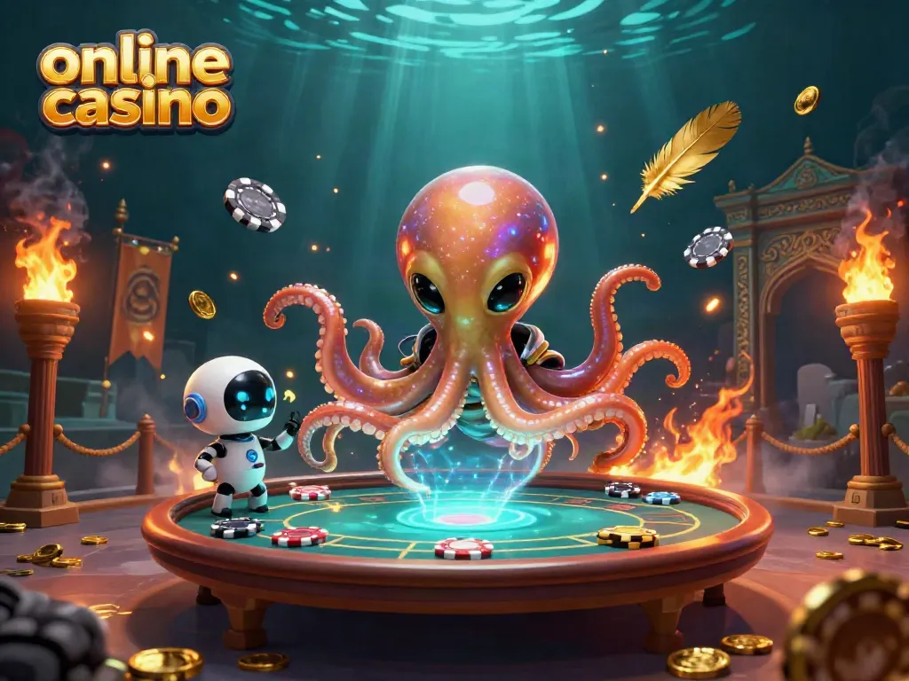 Engage in the exciting world of online casino gaming with an alien octopus and robot at a holographic poker table surrounded by dynamic elements.