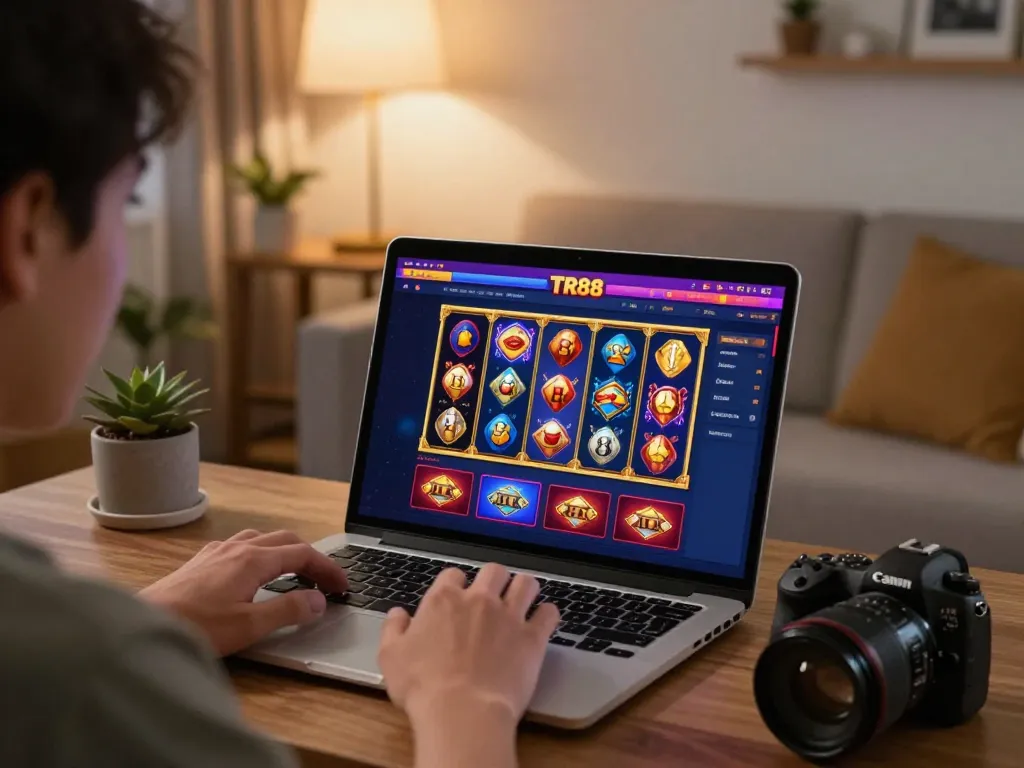 Player engaged with TR88 online casino interface on laptop, showcasing immersive gaming experience.