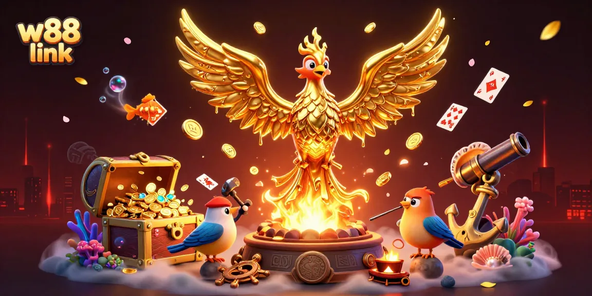 Experience vibrant excitement with the w88 link, showcasing a golden phoenix in a rich casino setting.