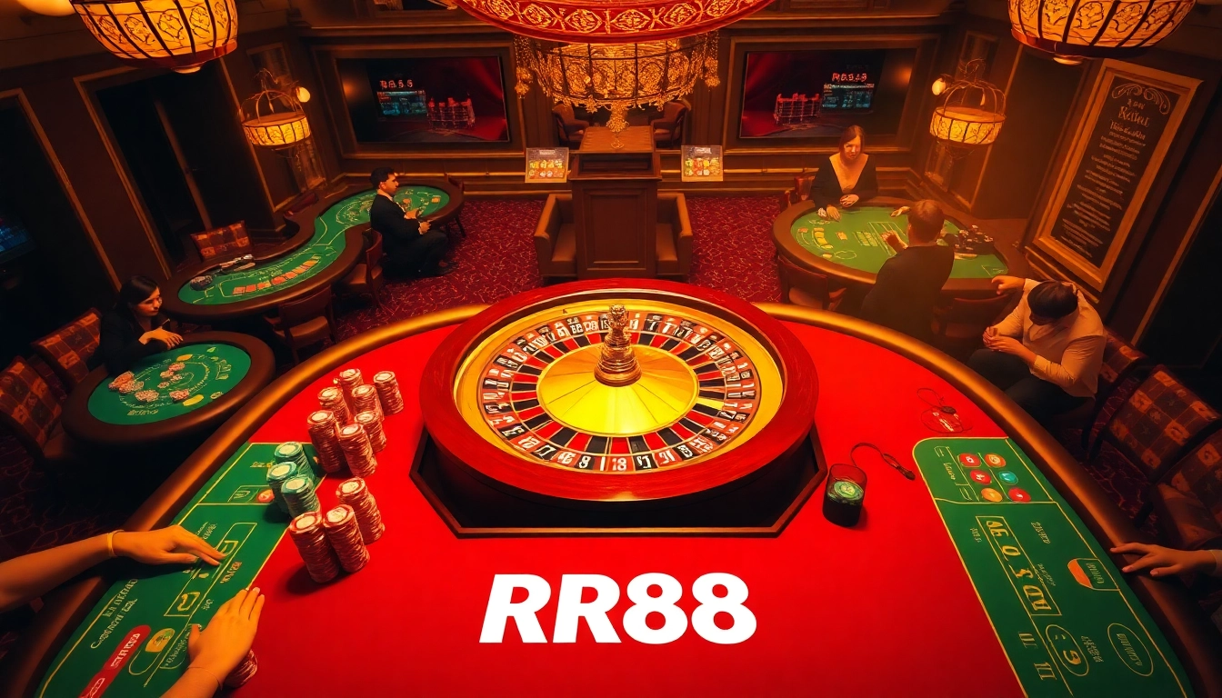 Thrilling gameplay experience at RR88 casino with roulette wheel and poker tables