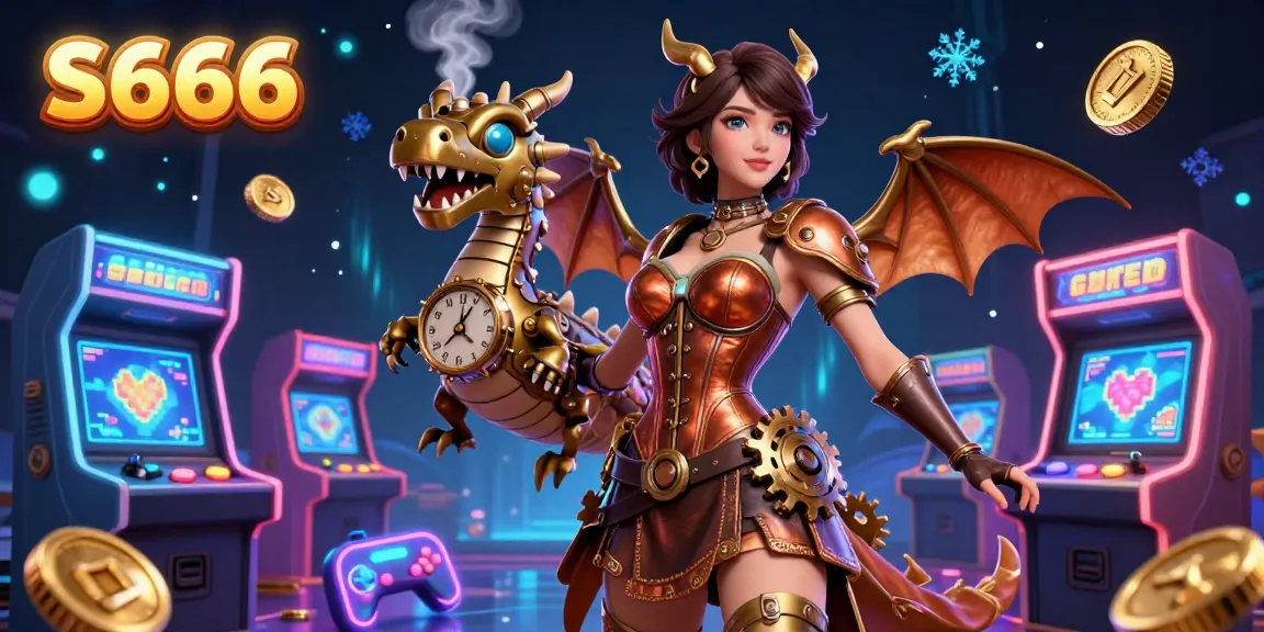 S666 showcases a vibrant casino scene where a daring woman and a clockwork dragon come alive in an immersive gaming adventure.