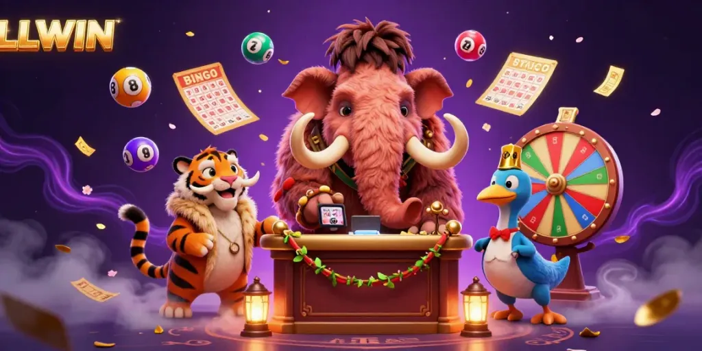 Experience the dynamic environment of LLWIN with our 3D illustration featuring a woolly mammoth bouncer, a saber-tooth tiger guest, and exciting casino elements.