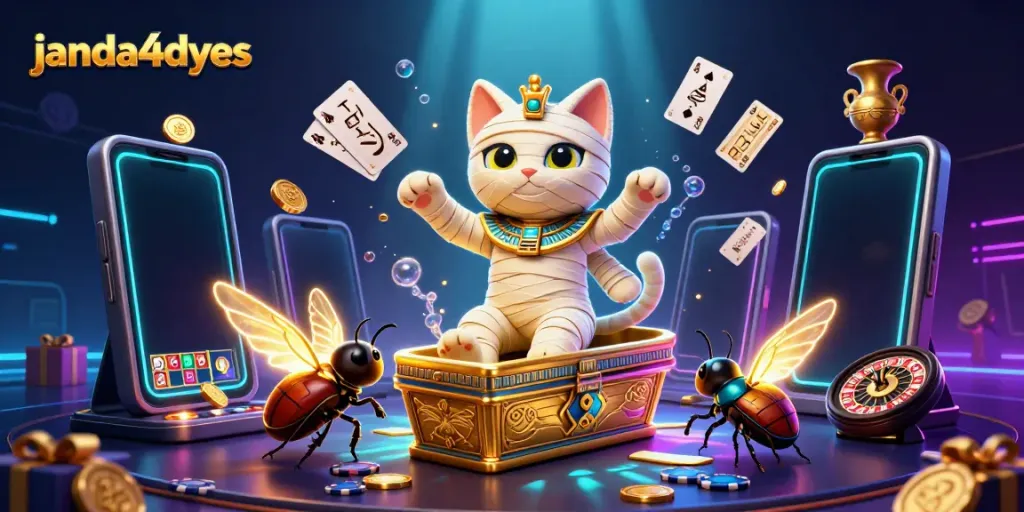 Janda4dyes menghadirkan ilustrasi kucing mummy 3D di kasino dengan permainan slot dan kartu terbang.