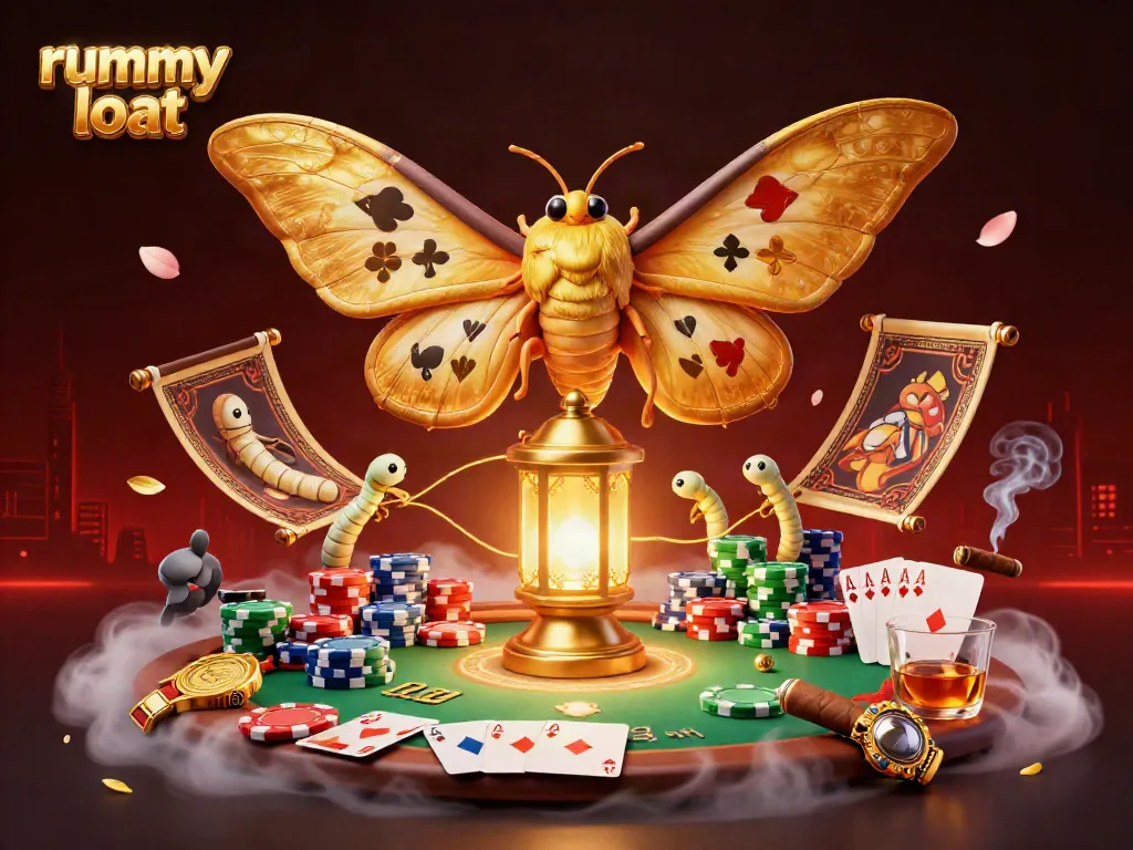 Experience rummy loot gameplay with a 3D moth illustration showcasing poker elements and casino ambiance.