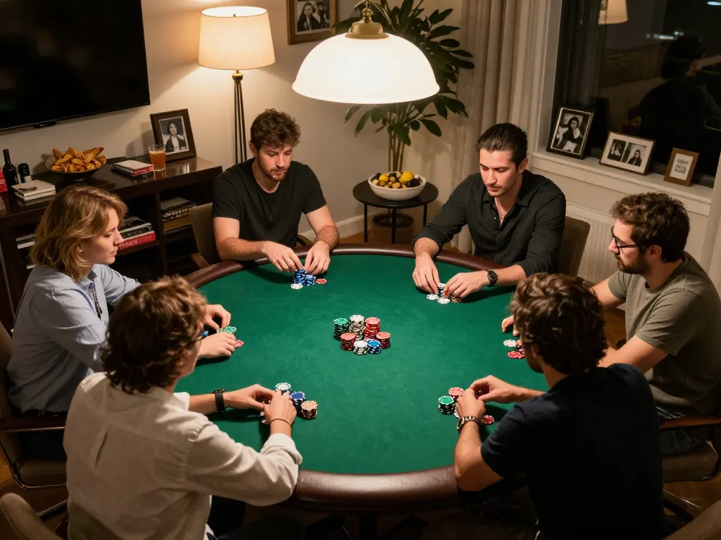 Friends playing a poker game at home, strategizing with chips at the table, tr88 excitement evident