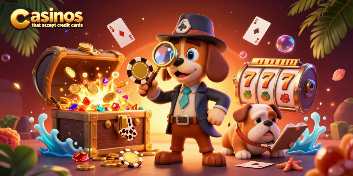 Engage with casinos that accept credit cards featuring a detective and treasure amidst vibrant casino elements.