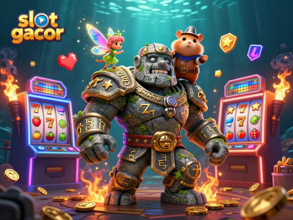 Sensasi bermain slot gacor di kasino digital dengan simbol keberuntungan dan pemandangan nyata.