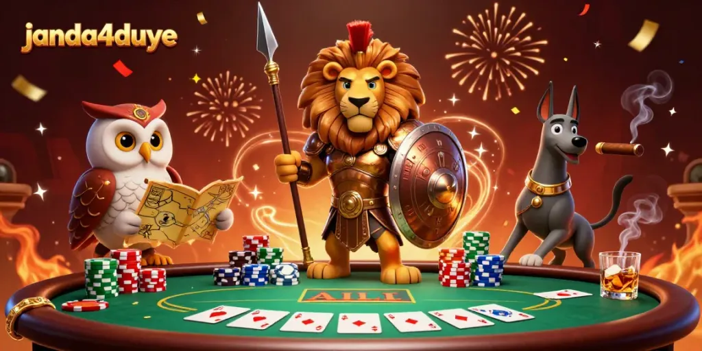 Janda4duye menampilkan slot dan poker dengan karakter di pinggir meja dalam suasana keceriaan kasino.